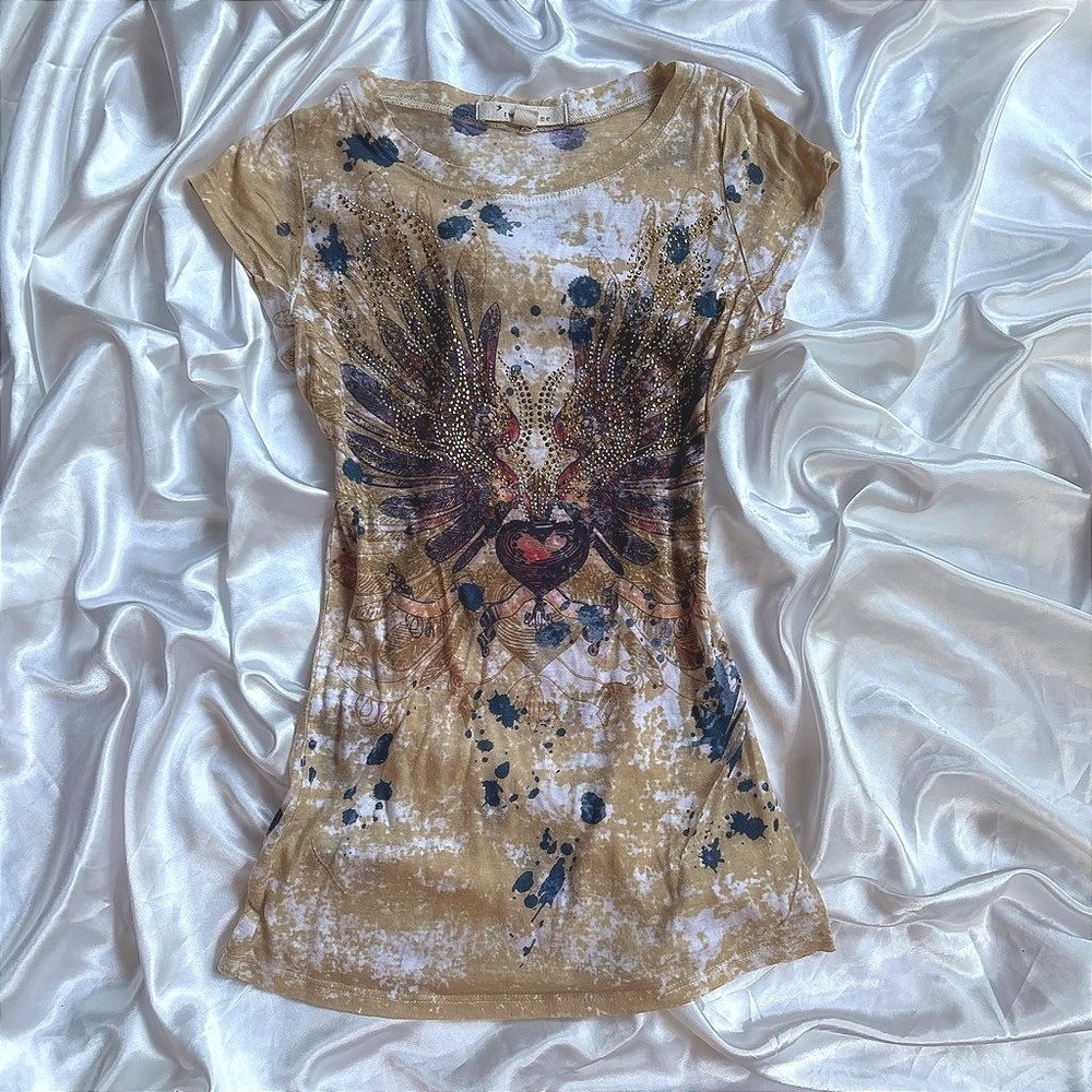 y2k grunge Graphic Tee Tan Fair Rhinestone Winged Heart Splatter Twentyone